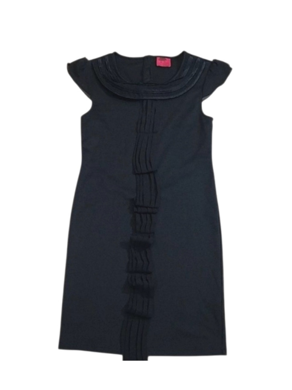 Black Cap-Sleeve Shift Dress with Center Ruffle Detail